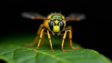 Fototapeta premium Yellow Jacket On Green Leaf Macro