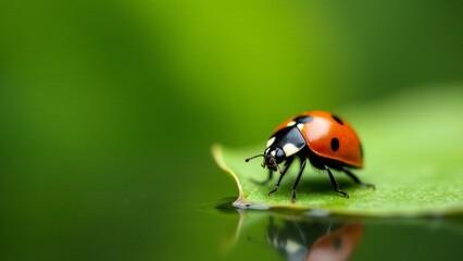Ladybug On Green Leaf Near Water