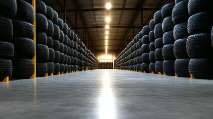 A symmetrical arrangement of stacked tires in a spacious warehouse, capturing the organized and professional storage environment.
