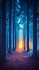 Naklejka premium God rays illuminate misty pine forest during a serene summer evening