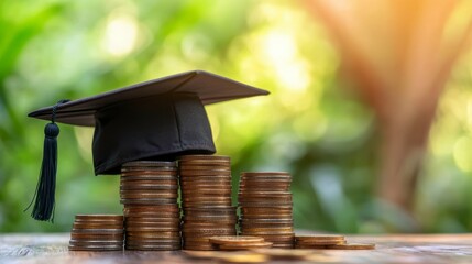Graduation cap on stacked coins; concept of education costs & savings.