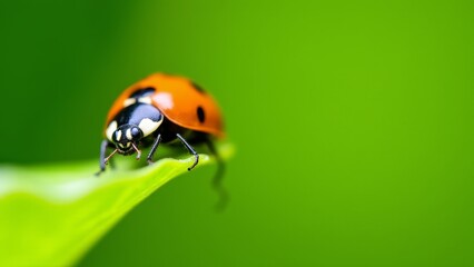 Fototapeta premium Ladybug On Green Leaf, Close-Up View