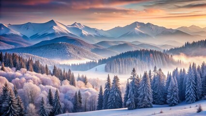 Obraz premium Serene Winter Landscape Majestic snow-capped peaks rising above a tranquil forest shrouded in ethereal mist at sunrise
