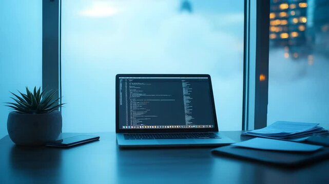Modern Workplace Sunset Cityscape Laptop Coding Desk, coding animation foggy, cozy corner work from home