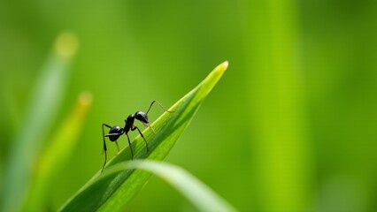Fototapeta premium Black Ant Walking On Green Leaf