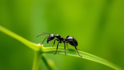 Black Ant Resting On Green Leaf