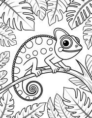 A charming black and white line drawing of a chameleon perched on a branch amidst lush tropical foliage