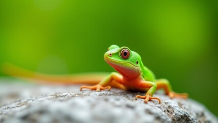 Naklejka premium Green Lizard On Rock With Bokeh