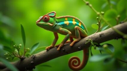 Obraz premium Colorful Chameleon On Branch In Nature