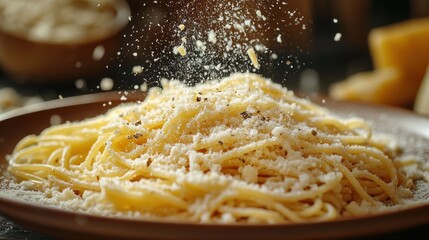 Spaghetti pasta on a plate with grated cheese being sprinkled on top.