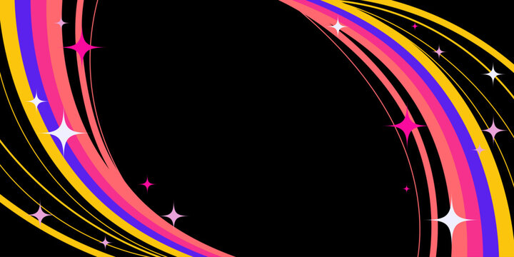 Abstract Colorful Frame with Squiggle Wavy Lines and Sparkling Stars on Black Background. Retro cosmic swirls with vibrant movement. Perfect for futuristic prints, party and space themes