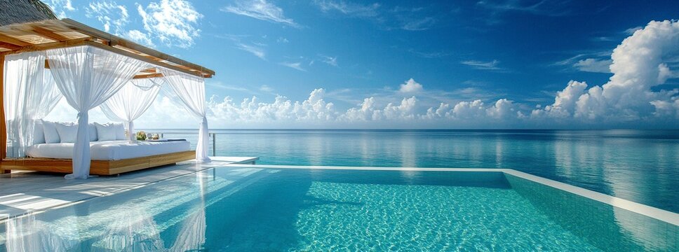 A white infinity pool with a white canopy bed and sofa set near a modern luxury villa on the sea, under a blue sky, in daylight, photorealistic and detailed.