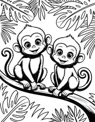 Fototapeta premium Two charming baby monkeys sit on a branch, surrounded by lush tropical foliage