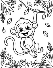 Fototapeta premium A cheerful monkey is depicted hanging from a vine amidst lush jungle foliage