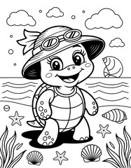 Obraz premium A cheerful, cartoon turtle wearing a sun hat and goggles, strolling along a beach scene