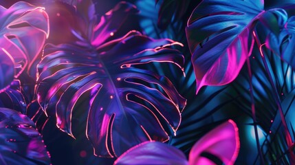 Naklejka premium Neon summer glowing tropical leaves with monstera and palm in vibrant blue and pink colors on dark background