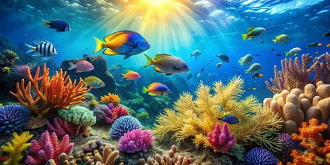 Fototapeta premium Vibrant underwater scene showcasing a diverse array of colorful fish swimming amidst a lush coral reef, bathed in sunlight