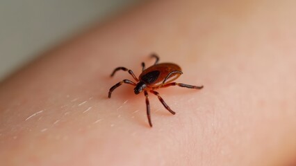 Obraz premium Tick Crawling On Human Skin, Close-Up