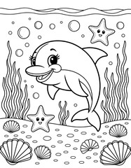 Fototapeta premium A cheerful, cartoon dolphin is swimming in an underwater scene filled with sea stars, bubbles, and seashells