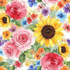 Fototapeta premium Watercolor flowers, including roses and sunflowers, create a vibrant pattern.