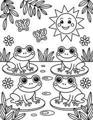 A cheerful coloring page featuring three adorable frogs sitting on lily pads in a sunny, spring-like scene