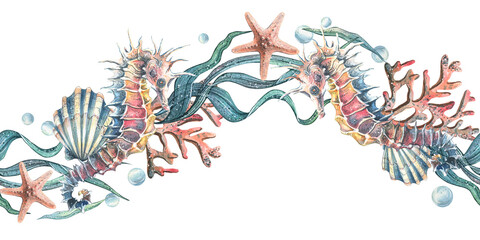 Seahorse seashells, seaweed, starfish, corals, sea sponges and pebbles, bubbles. Marine, nautical watercolor illustration of the underwater world hand drawn. Seamless pattern horizontal wave border