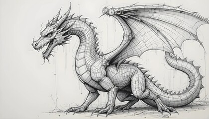 Obraz premium A captivating, detailed ink drawing of a magnificent dragon.