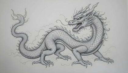 A detailed, ink drawing of a powerful Chinese dragon.