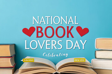 National Book Lovers Day Celebration with Open Book and Stacks of Books