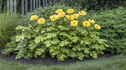 Obraz premium Stunning Yellow Rose Bush in Garden Landscape