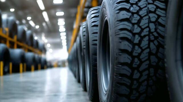 Close-up shot of heavy-duty tires stacked in a warehouse, focusing on deep treads and durable rubber materials for commercial vehicles.