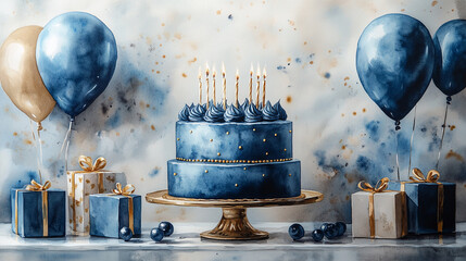 Celebration with a blue birthday cake, balloons, and wrapped gifts in an elegant decorated setting