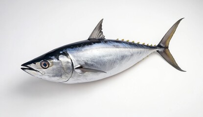 Silvery Fish with Dark Dorsal Fin and Yellow Tail on White Background