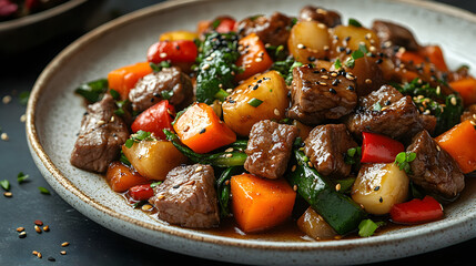 Beef and vegetable stir-fry with a soy sauce glaze on a white plate