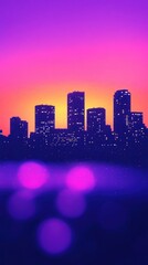 Fototapeta premium Silhouette of city buildings at sunset, vibrant hues of purple and pink.