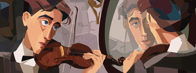A focused young male musician plays the violin, gazing intently at his reflection in the mirror, capturing a moment of dedication. © Pink Badger