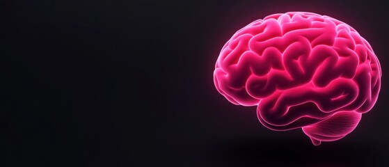 Glowing pink human brain 3D rendering on dark background Concept of neurology, artificial intelligence, consciousness, mental health, and cognitive function