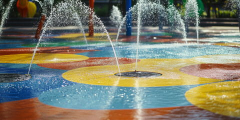 Enjoying water play at the colorful splash pad with jets spraying water during a sunny day in the park