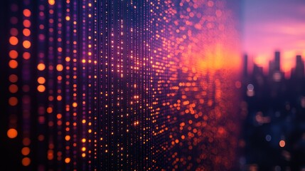 Abstract background with glowing dots and blurred cityscape at sunset or sunrise.