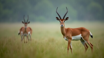 Naklejka premium Two Impala Grazing In African Savanna