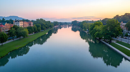 Panoramic River View At Sunrise In Cityscape