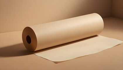 A detailed shot of a roll of brown kraft paper against a plain background.