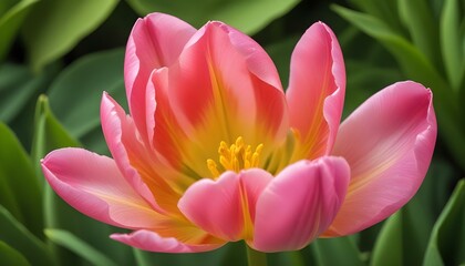 Fototapeta premium A stunning pink tulip in full bloom, revealing a vibrant yellow center and soft petals.