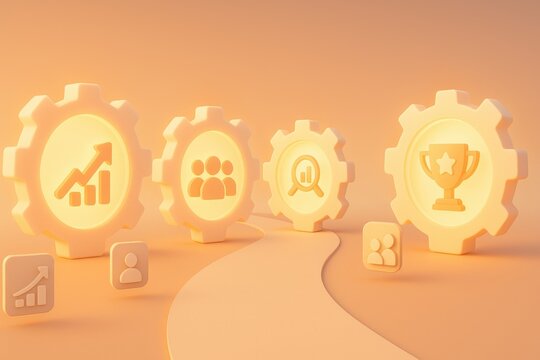 Navigating the Path to Success: An abstract illustration of gears bearing symbolic icons, representing progress and teamwork, all converging on a pathway leading towards a trophy