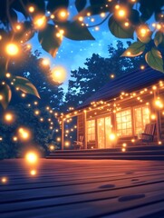 Cozy cabin at night, illuminated by fairy lights
