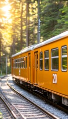 Obraz premium Sunlit yellow train curving through a lush green forest