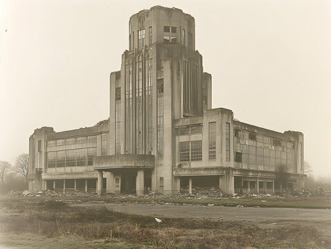 An old abandoned building featuring art deco architecture crumbles into ruin with missing windows and decay