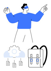 Individual wearing virtual reality gear interacts with virtual elements. Includes gear, cloud data diagram, and backpack. Ideal for technology, education, networking, data sharing, learning