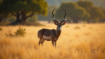 Majestic Kudu Antelope Standing In Golden Field