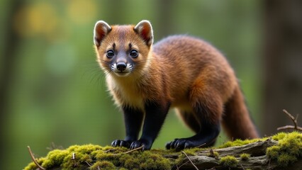 Fototapeta premium Pine Marten Portrait on Mossy Branch